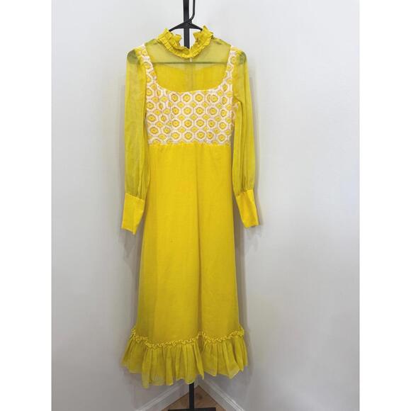Dresses & Skirts - 60s 70s Vintage Yellow Long Sleeve Sheer Dress with Crochet Detail